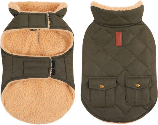 Queenmore Warm Puffer Dog Coat, Quilting Winter Jacket Ultra Thick Plush Lining with Storage Pockets (Green, X-Small)