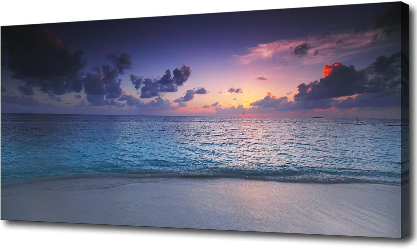 Blue Ocean Sunset Canvas Wall Art – Framed Seascape Painting, Coastal Landscape Nature Decor for Living Room & Bedroom (24x48 Inch)