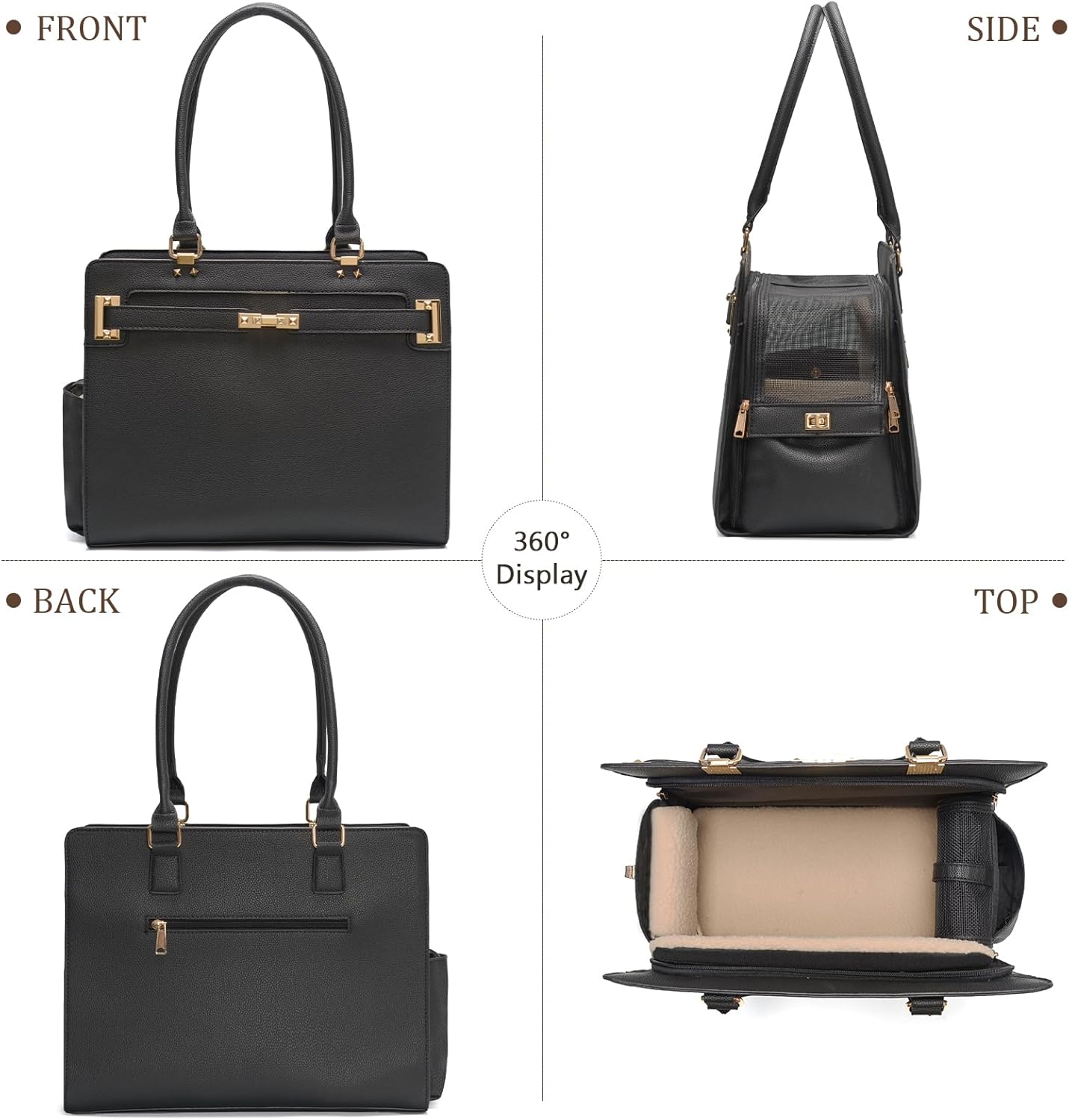 2-in-1 Stylish Dog Purse Carrier Soft-Sided Carriers Travel Tote Bag for Small Dogs Cats, Fashion Foldable Pet Bag for Puppies Small Animals with Pockets (Black, 15" L x 7.5" W x 12.2" H)