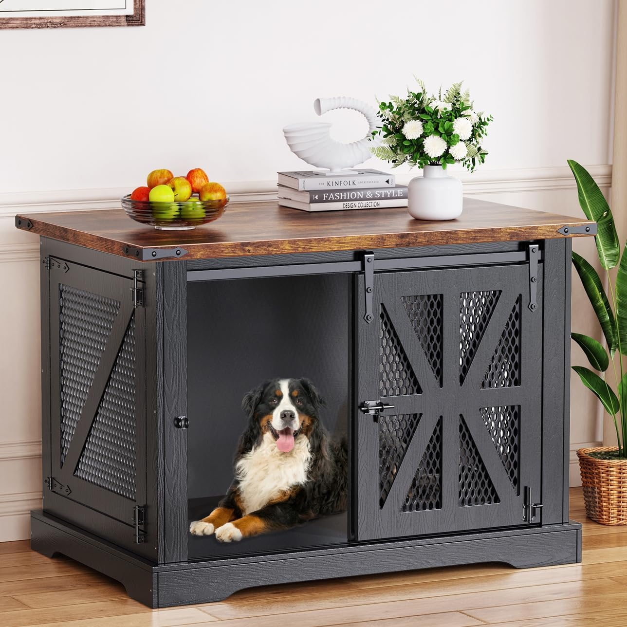 VOPEAK 40" Farmhouse Dog Crate Furniture, Heavy Duty Dog Cage for Medium Large Dogs, Dog Crate Dog Kennel Indoor with Double Doors, Chew Resistant End Table for Bedroom Living Room, Black