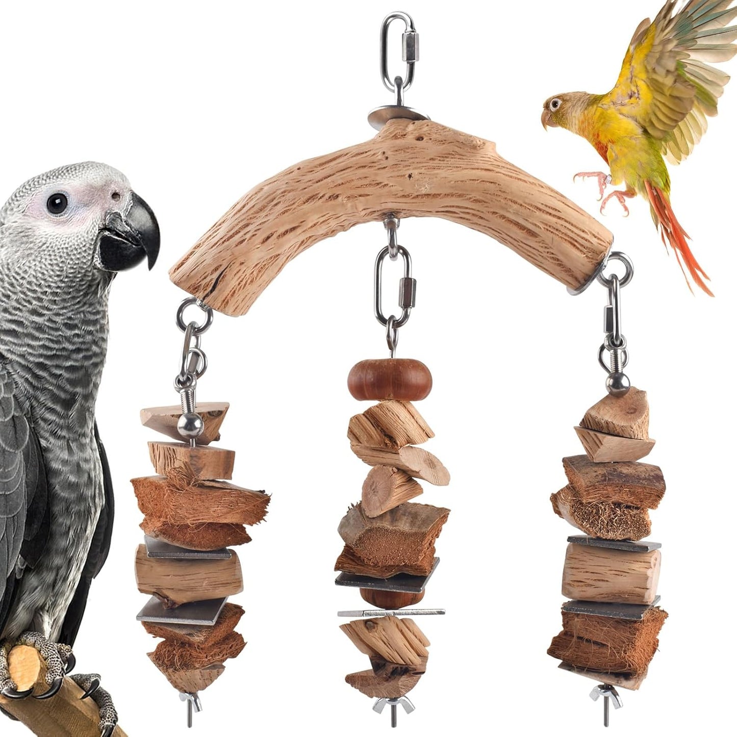 Bird Parrot Toys, Large Birds Wooden Chew Blocks with Stainless Steel Cage Hanging Bite Toy for Macaws, African Greys, Cokatoos, Amazon Parrots and Small Medium Parakeets