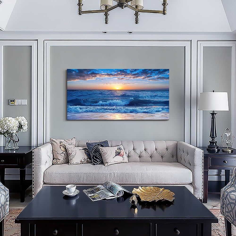 Lapremoly Canvas Wall Art For Living Room Large Wall Decor For Bedroom Office Wall Decorations Blue Ocean Beach Wall Painting Sunny Sea View Wave Wall Pictures Artwork Room Home Decor 20" X 40"