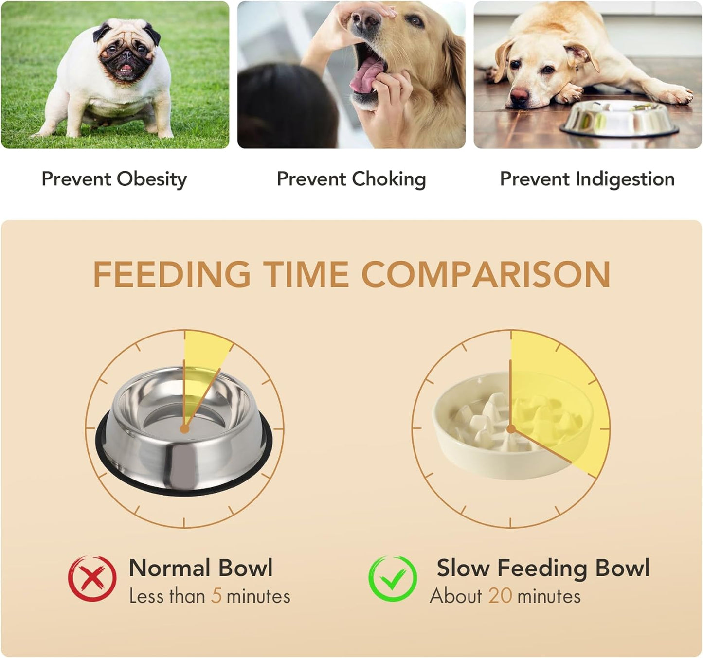 Ceramic Raised Slow Feeder Dog Bowl Set, Elevated 8.2inch Bowl and 9.5inch Slow Pet Food Dish with Wooden Stand for Large Dog (2 x Beige+ Stand)