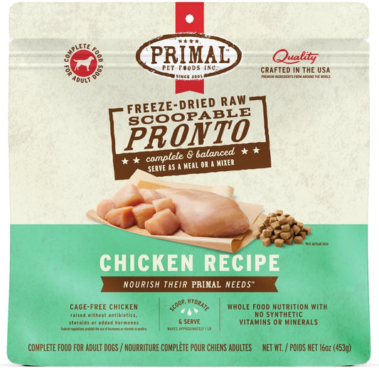 Primal Freeze Dried Dog Food, Pronto Mini Nuggets, Chicken; Scoop & Serve, Complete & Balanced Meal; Also Use As Topper or Treat; Premium, Healthy, Grain Free, High Protein Raw Dog Food (16 oz)