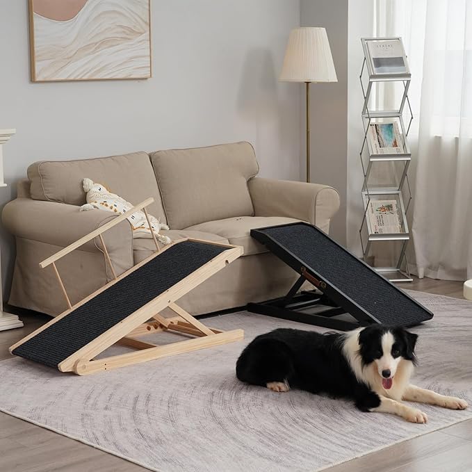 Dog Ramp for Bed Couch - Pet Steps Stairs to Get on Bed Couch 15.7"-23.6" High for Small or Large Dog Up to 200 lbs, Adjustable Wooden Dog Ramp Steps Foldable Portable, Anti-Slip Carpet (Black)