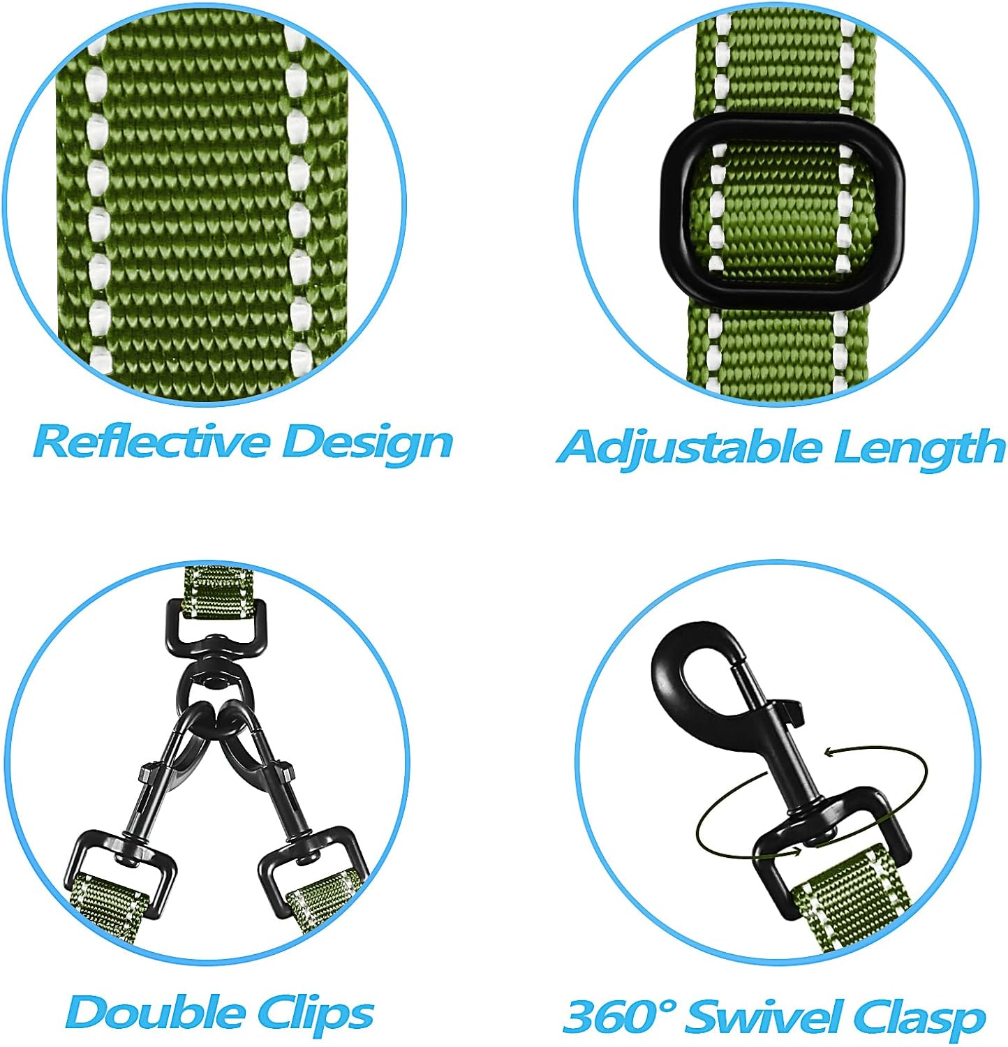 PetBonus Double Dog Leash, No Tangle Dual Leash, Reflective Walking Training Lead, 4 Comfortable Padded Handles for 2 Dogs with Collapsible Bowl and Waste Bags (Khaki Green, Large)