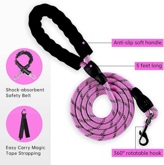 IVY&LANE No Pull Dog Harness for Large Dogs, Dog Vest Harness with Leash, Safety Belt and Storage Strap, Fully Adjustable Harness, 360° Reflective Strip, Soft Handle (Fuchsia Pink, L)
