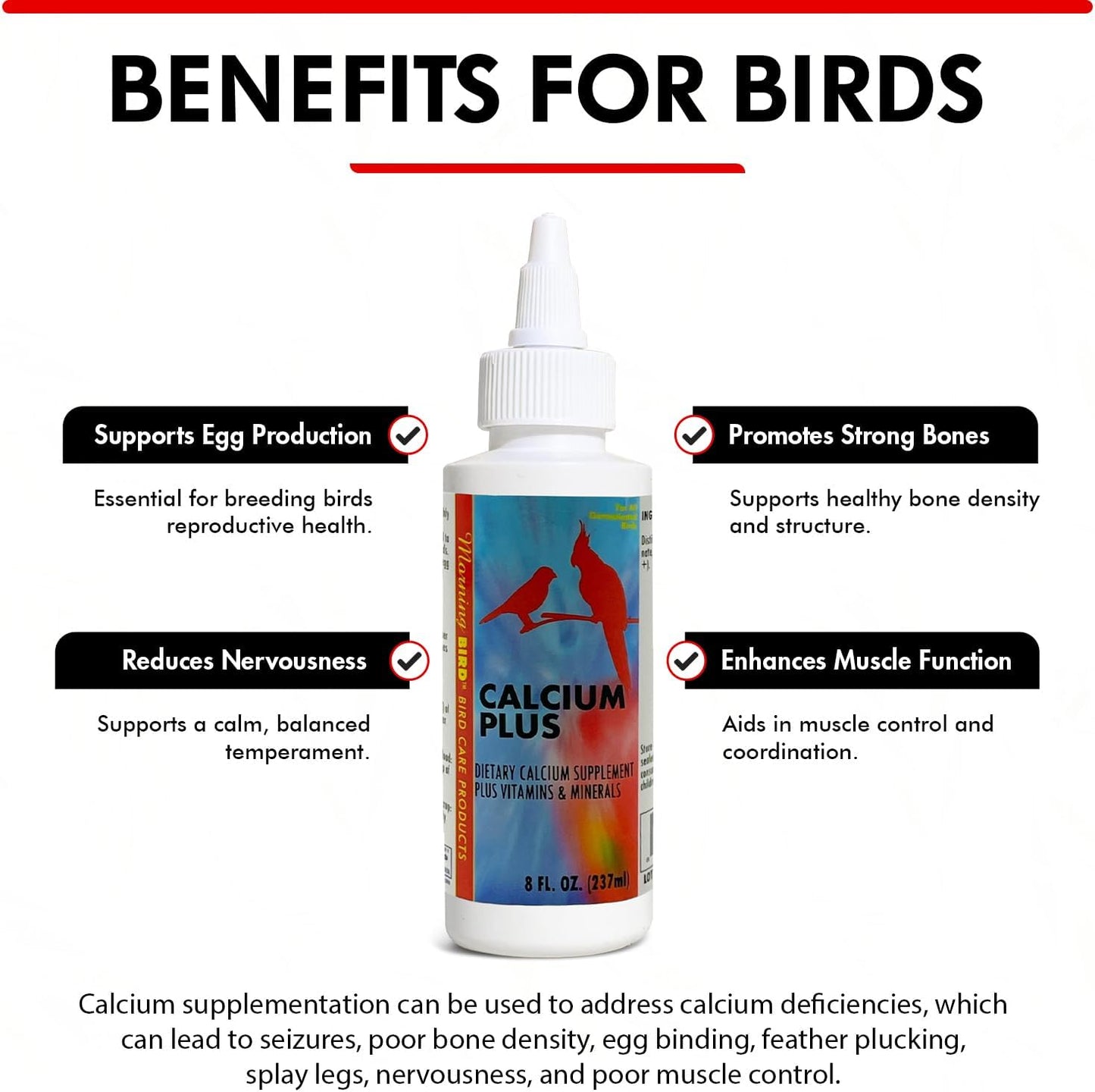 Morning Bird Calcium Plus Liquid Supplement for Birds - Liquid Calcium Formula with Magnesium and Vitamin D3 Calcium Supplement for All Birds – 8 Fl Oz