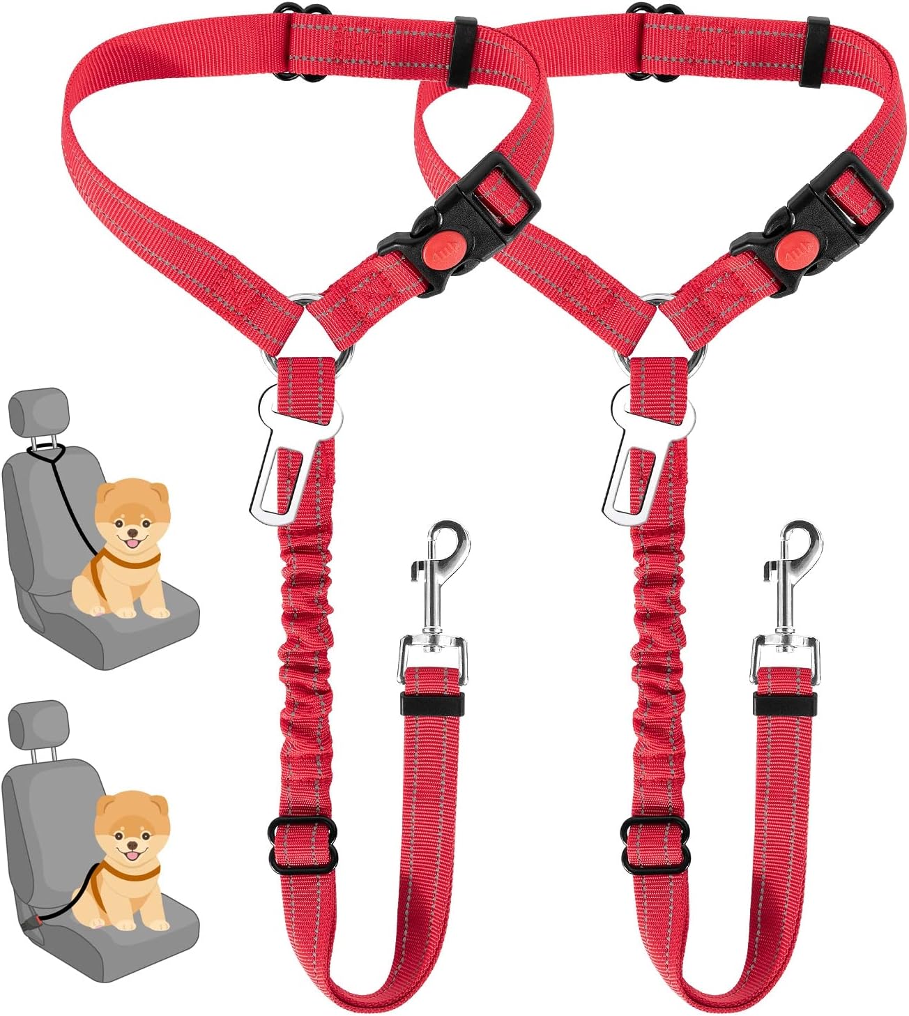 SlowTon Dog Seat Belt for Car, 2 Pack Dog Car Harness Seatbelt Adjustable with Elastic Bungee Buffer, 2 in 1 Pet Car Leash Headrest Restraint Dog Reflective Safety Tether (S, Red, Headrest+Clip)
