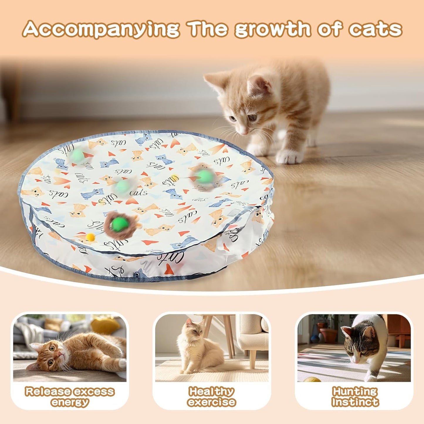 Rocfish Interactive Cat Toys Ball - Automatic Fast Rolling Ball in Play Mat, Hide and Seek Mouse Catching Game, Low-Noise Cat Enrichment Toys in Pouch for Indoor Bored Cats (Green Toy & Round Mat)