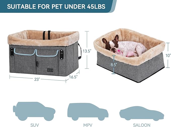 Petsfit Dog Car Seat Medium Sized Dog or 2 Small Dogs with Patent Buckles, Washable Pad, Dog Booster Car Seat for Dogs Up to 45 lbs (Medium, Light Grey)
