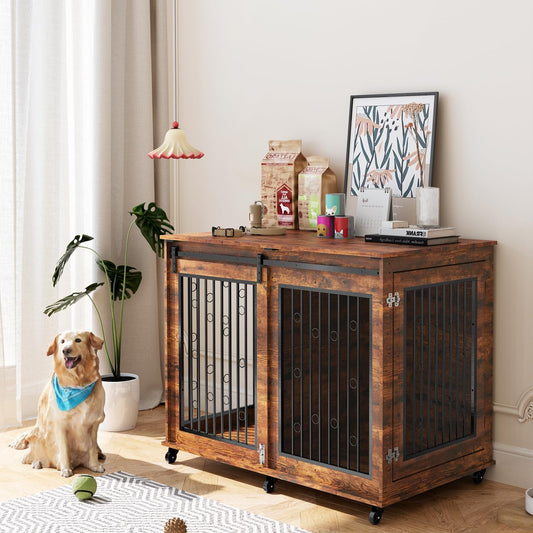 IchbinGo Large Dog Crate Furniture, 47" Wooden Dog Kennel with Sliding Barn Door, Flip-Top Lid & Wheels, Indoor Pet Crate Table with Detachable Divider for Small/Medium/Large Dogs (Rustic Brown)