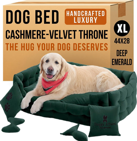 Luxury Dog Bed Chesterfield – Handcrafted Velvet Throne for Dogs | Joint Support, Calming & Temp-Regulating Comfort | Durable 5+ Years, Anti-Claw, Washable 100+ Times – XL, Green