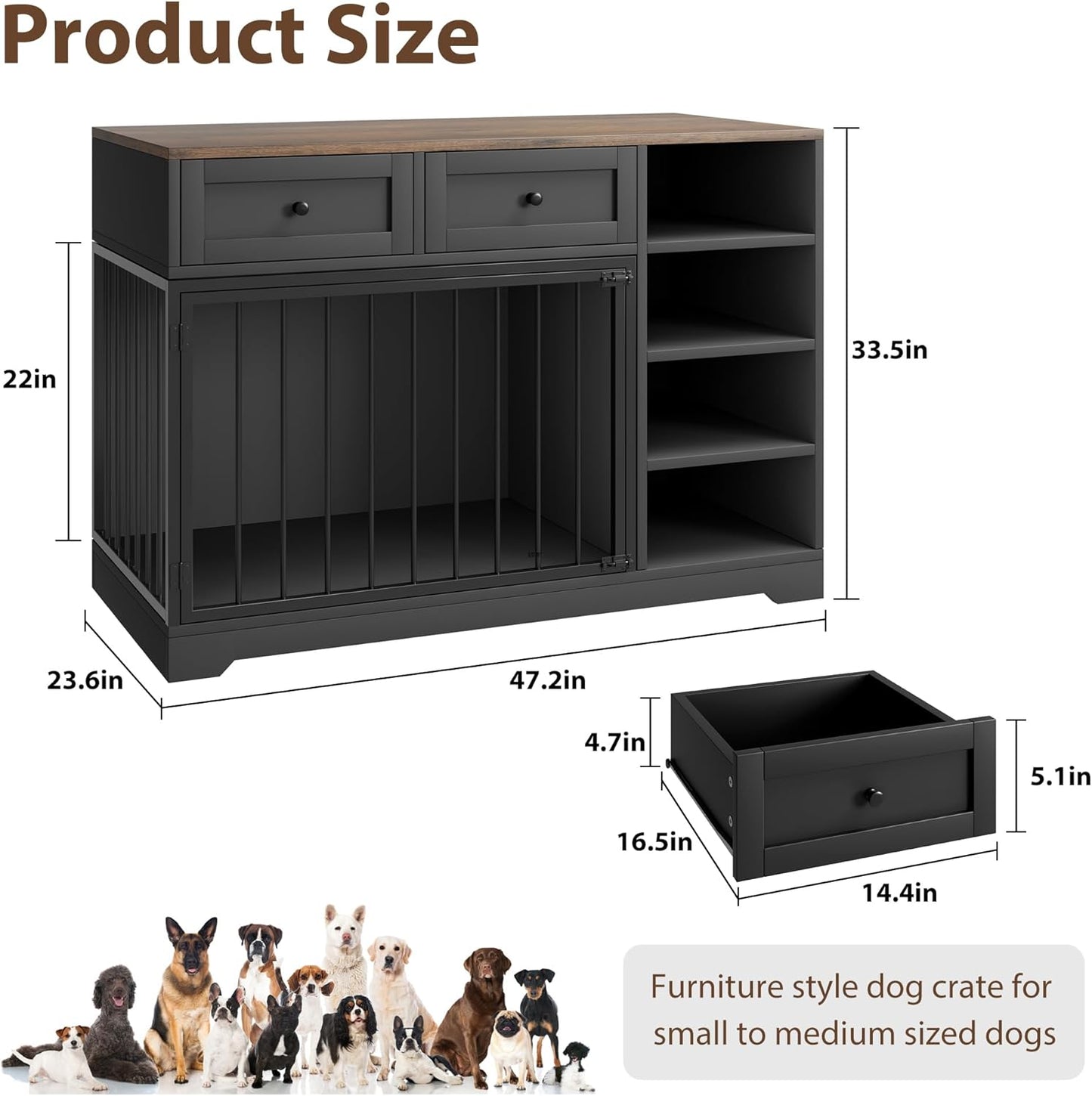 Dog Crate Furniture 47", Large Dog Crate TV Stand with 2 Drawers and 4 Shelves, Wooden Dog Kennel Indoor, Decorative Dog Cage with Storage for Large Dogs, Black