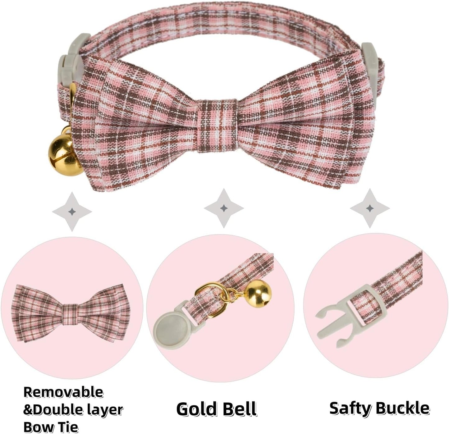 2 Pack Soft Cotton Cat Collars with Bowtie and Bell Breakaway Plaid Cat Kitten Collar(Pink and Jade Green)