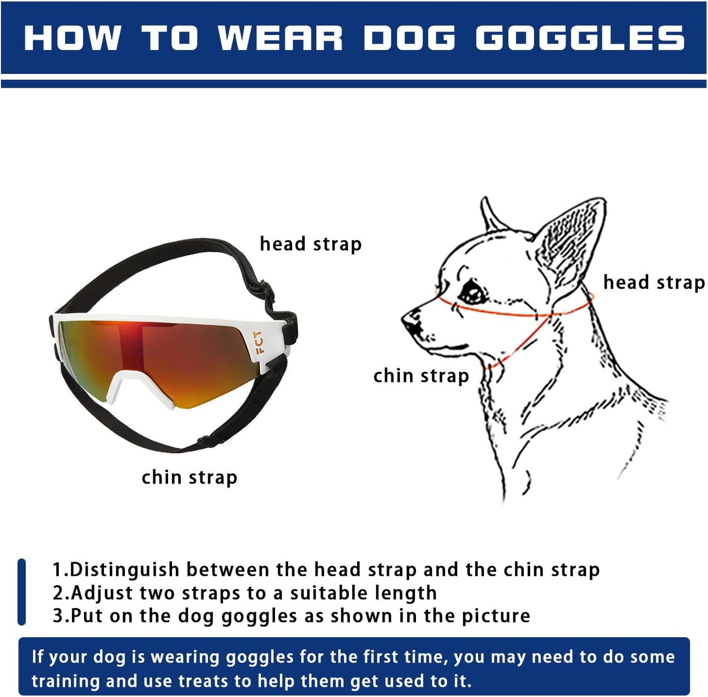 Dog Goggles for Small to Medium Breed, Dog Sunglasses UV Protection, Windproof & Anti-Fog, Puppy Sunglasses with Padded Frame and Adjustable Straps for Outdoor Riding, Driving（White）