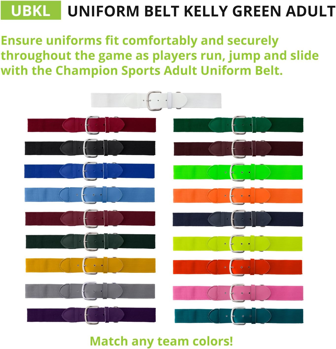 Champion Sports Baseball/Softball Uniform Belt, Comfort Stretch Fit Durable Syntex Tab - Youth & Adult Sizes, Multiple Colors