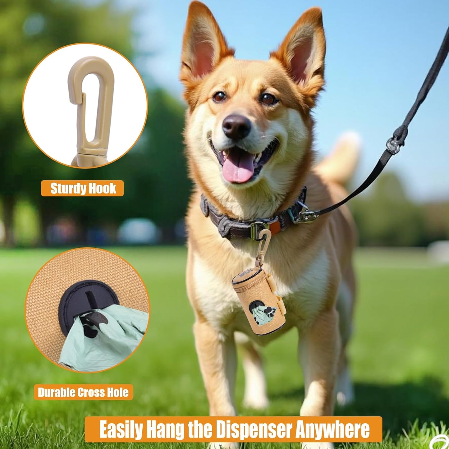 Dog Waste Bag Dispenser Dog Poop Bag Dispenser for Leash Accessory dog Poop Bag Holders Fits Dog Leash Include Hand Free Holder, Khaki, No-KaqiXYB