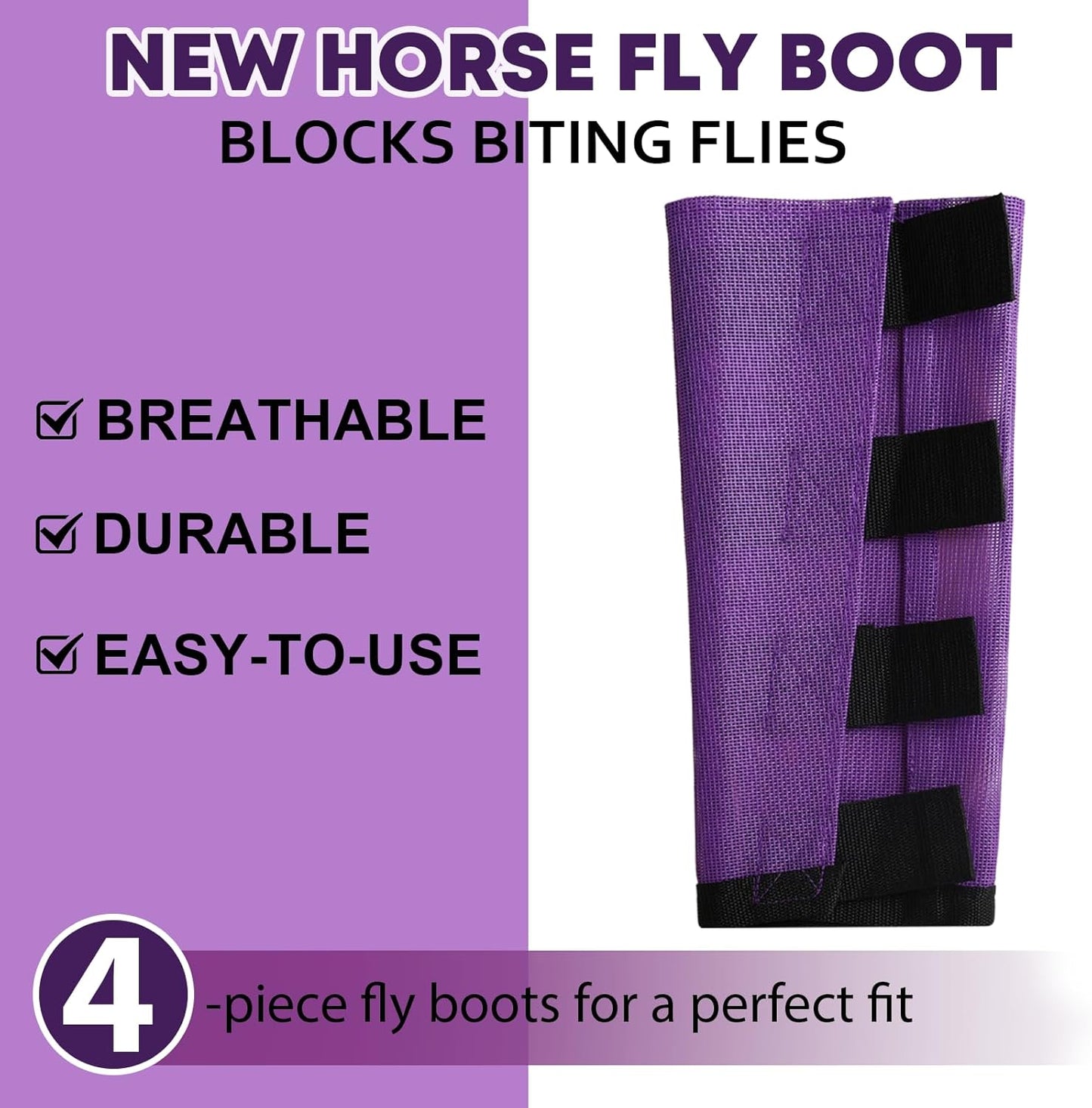 Premium 4-Pack Horse Fly Boots & Leggings Loose-Fit Fine Mesh with Stay-On Fasteners, Support Strips & Anti-Stomp Design Breathable Non-Slip Protection Leg Wrap (Large) Lavender Purple