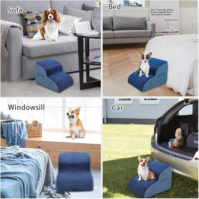 High Density Foam Dog Stairs Steps, 13.7’’ Non-Slip Extra Wide Deep Pet Steps for Beds Or Couches, for Injured or Older Pets Dogs and Cats with Joint Pain, 2-Tiers (Navy Blue)