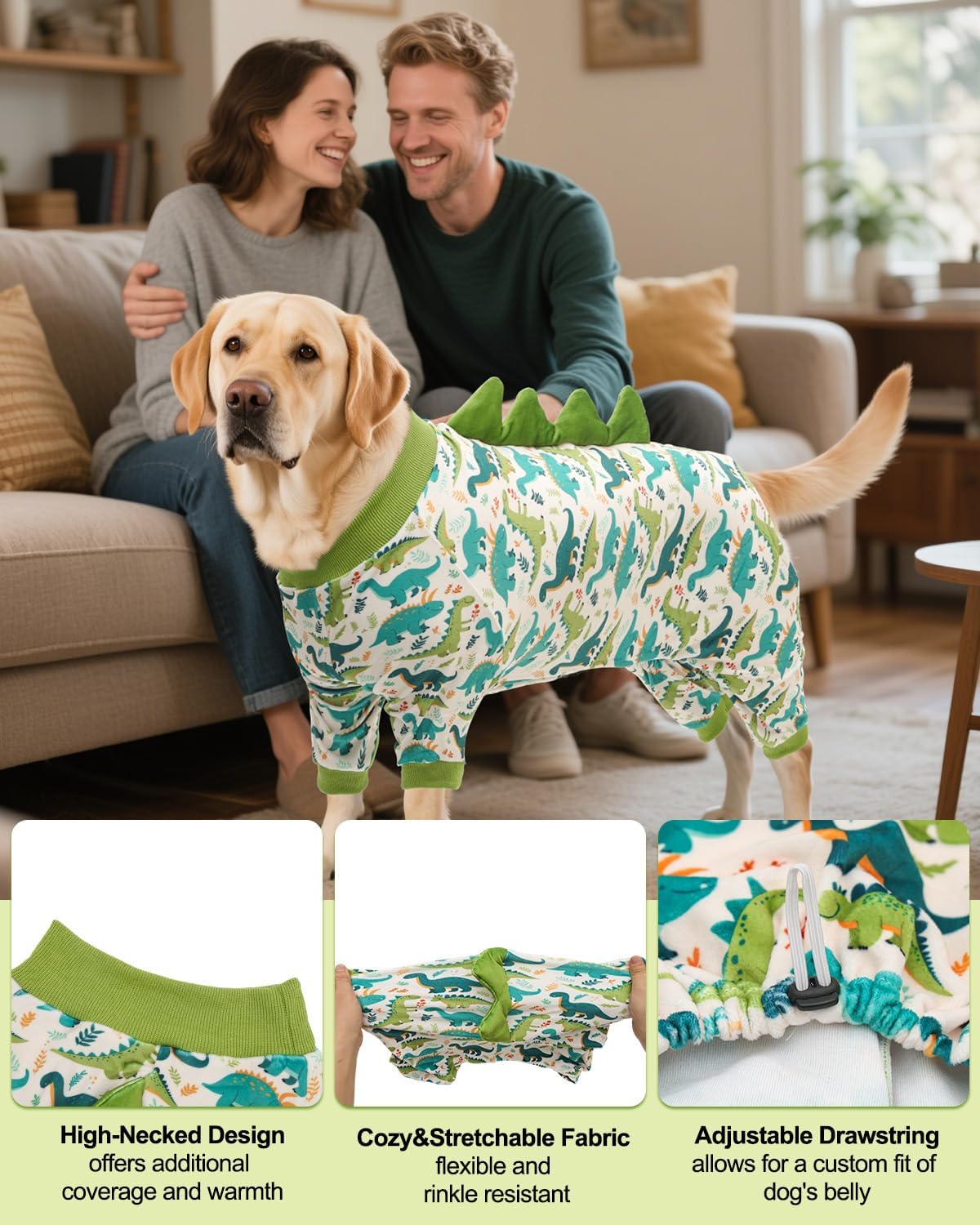 CuteBone Dinosaur Costume Dog Pajamas, Stretchy Spandex Crystal Velvet Sleepwear Coat for Small Dogs, Soft & Warm Pet Outfit Clothes for Cold Weather, Cozy Pullover Design COSP05-4XL