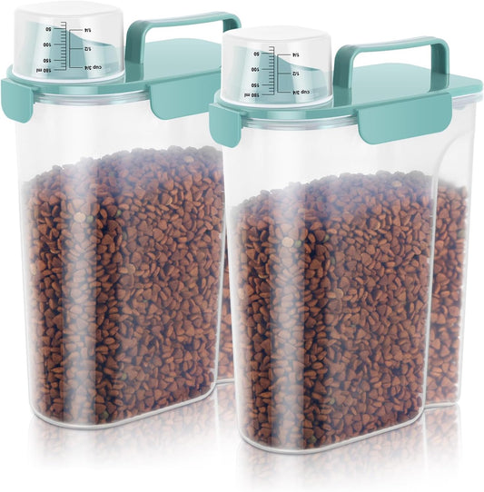 5-7Lbs Dog Cat Food Storage Container with Upgraded Large Nozzle BPA-free, 4 Snap Seals Plastic Pet Food Storage Containers with Handles (2, Elegant Blue, 5L)