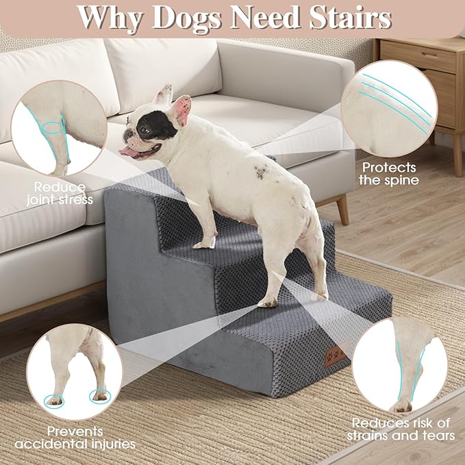 GGIB Dog Stairs for Small Dogs Cats Non-Slip Dog Steps for High Bed Pet Stairs for Sofa Couch Pet Ramp Pet Steps with Removable Washable Cover, Grey, 13" H, 3-Step