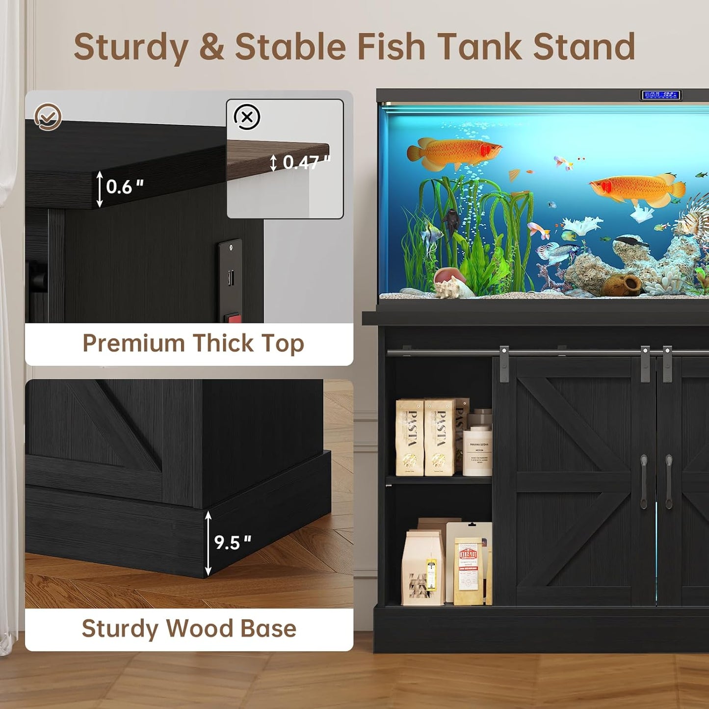 55-75 Gallon Fish Tank Stand with Sliding Barn Doors & Power Outlet, Heavy Duty Aquarium Stand with Cabinet Storage for Fish Tank, Turtle Tank, Reptile Terrarium, 1000LBS Capacity, Black