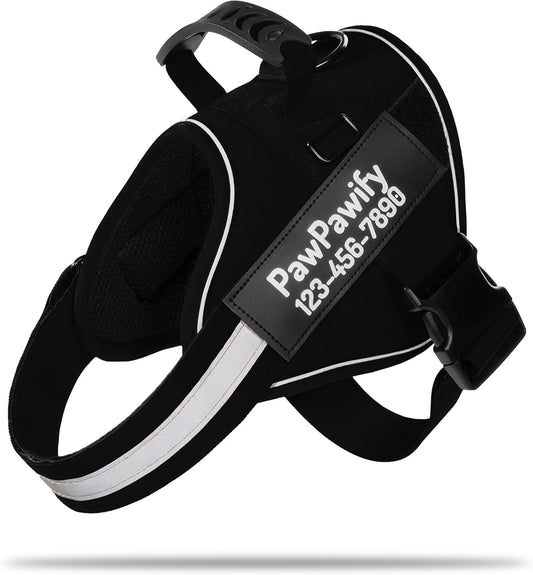 PawPawify Custom No Pull Dog Harness with Name and Phone Number, Heavy Duty Personalized Pet Vest to Prevent Tugging, Pulling, or Choking, Training and Walking (New Black, XXL (85-140 LBS))