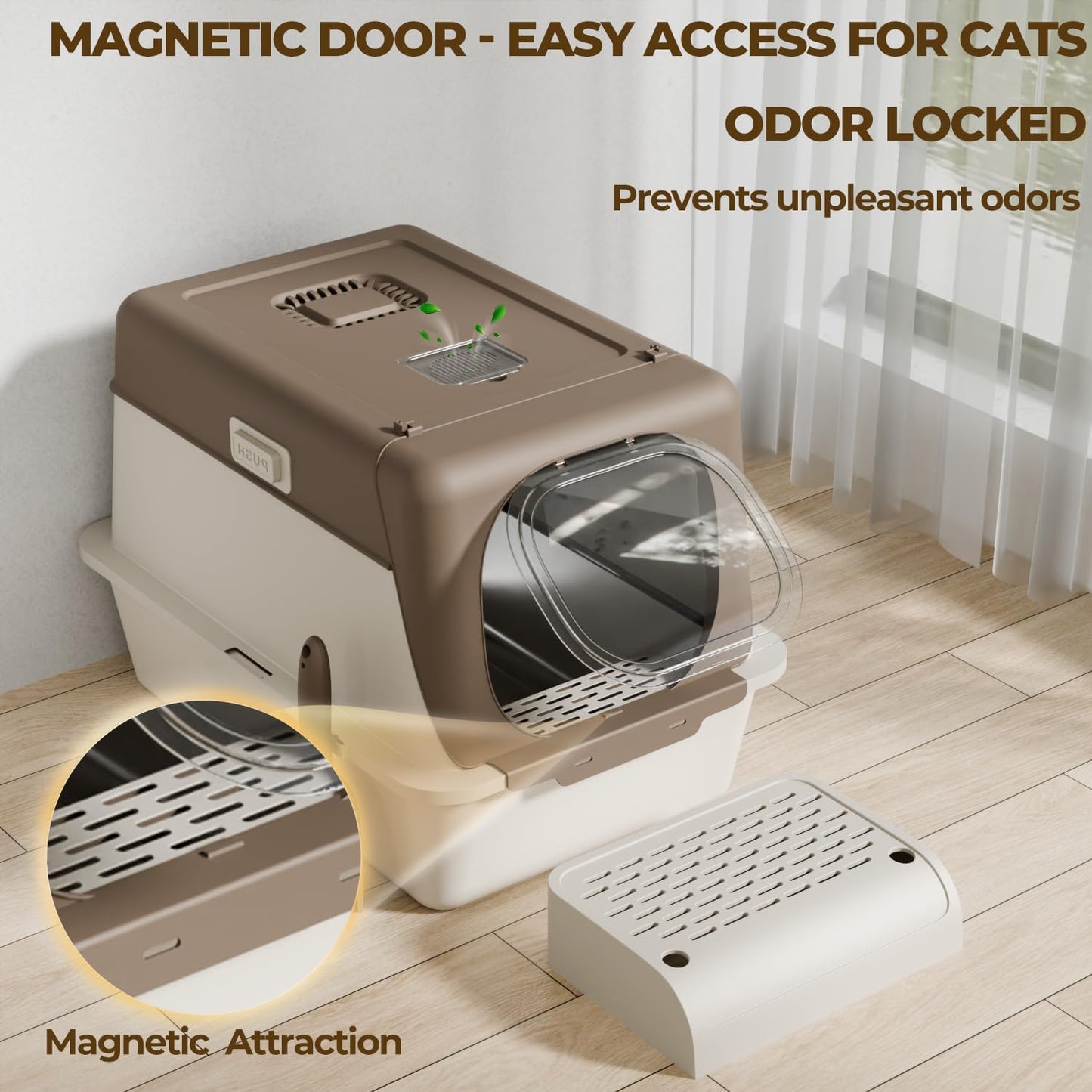 Stainless Steel Cat Litter Box with Lid, XX-Large Extra Large Litter Boxes for Large Cats,Enclosed Removable Metal Kitty Litter Box with High Sided,Magnetic Door,40L Box, Litter Trap Step/Mat
