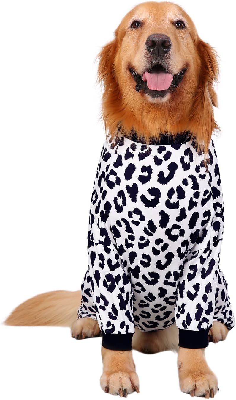 HDE Dog Pajamas One Piece Jammies Jumpsuit Pet Clothes Outfit Stretchy Lightweight Comfy Shirt Pjs for M-3XL Dogs Snow Leopard - 2XL