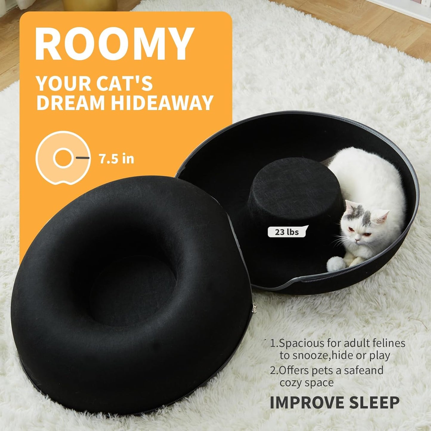 Jia Xi Cat Tunnel Bed - Large Indoor Cat Condo and Cave, 24 inch, Black