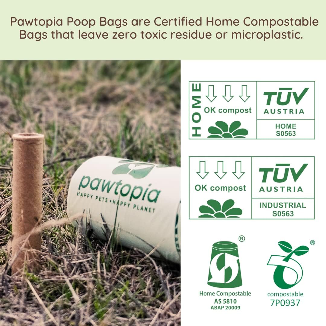 Pawtria Certified Home Compostable Dog Poop Bags (240) + Kraft Paper Dispenser, Biodegradable Poop Bags, Cat Litter, Vegetable Starches, Leak proof Dog Waste Bags, Easy to Open