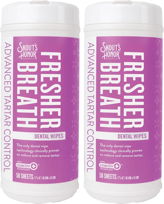 SKOUT'S HONOR Pet Dental Wipes - Fights Plaque and Tartar, Freshens Breath Fast, No Brushing Required, 50 Sheets, 2-Pack