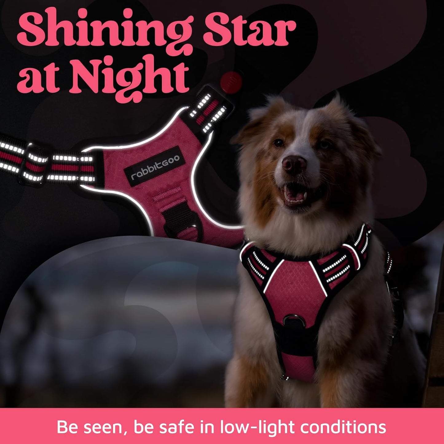 rabbitgoo Dog Harness for Large Dogs, No Pull Pet Vest with 3 Buckles, Adjustable Soft Padded Pet Harness with Easy Control Handle and Reflective Strips, Pink, L