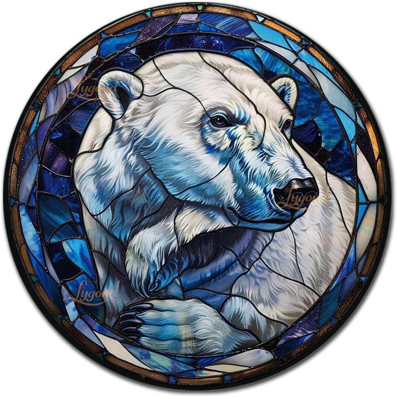 Lygond Metal Sign Tin Sign Circular Stained Glass Polar Bear2 Funny Sign For Garage 8×8 Inches