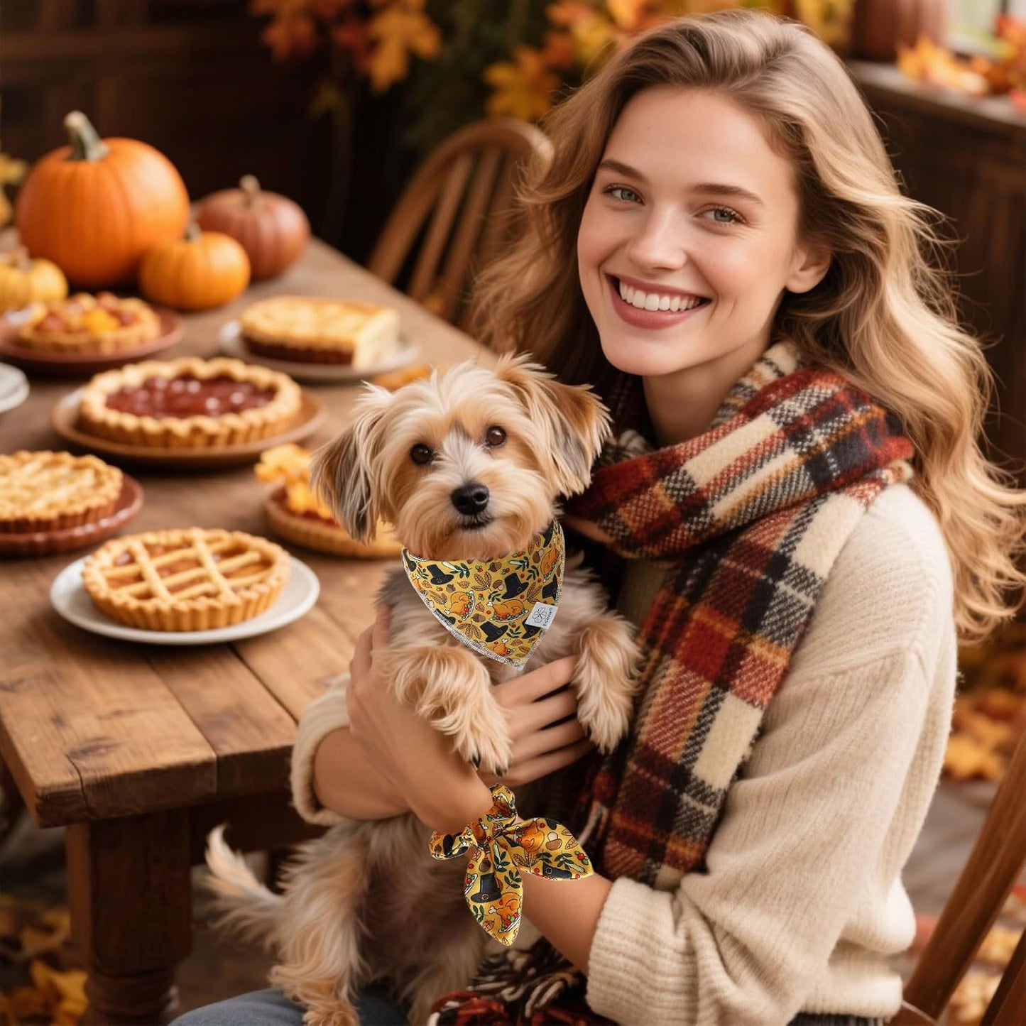 E-Clover Thanksgiving Dog Bandanas & Matching Scrunchie Set Girl Fall Turkey Dog Scarf Bibs Pet Bandana with Bow Tie for Medium Large Dogs Owner Mom Brown