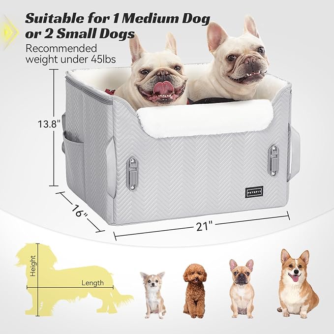 PETSFIT Dog Booster Car Seat, Waterproof PU Leather Car Seat for Dogs with Patented Safe Buckles, 2 Clip-On Safety Leashes, Suitable for 2 Small Dogs or a Medium Dog (Medium, Grey)
