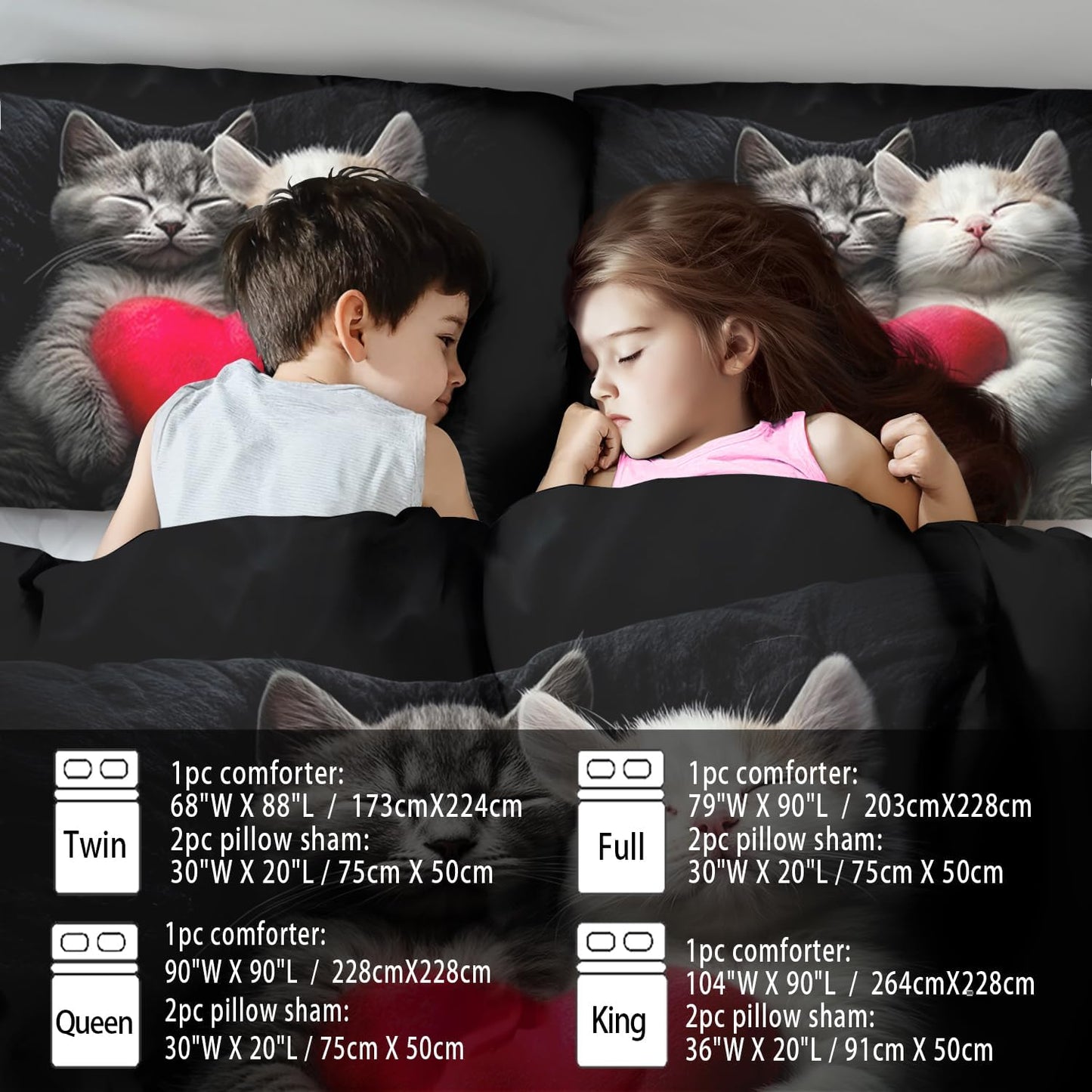 Cute Cat Comforter Set Queen,Kawaii Cat Bedding Set for Girls,Cute Animal Comforter Red Love Heart Bedding Decor,Kawaii Farm Animal Quilt Patterns Kids and Adults