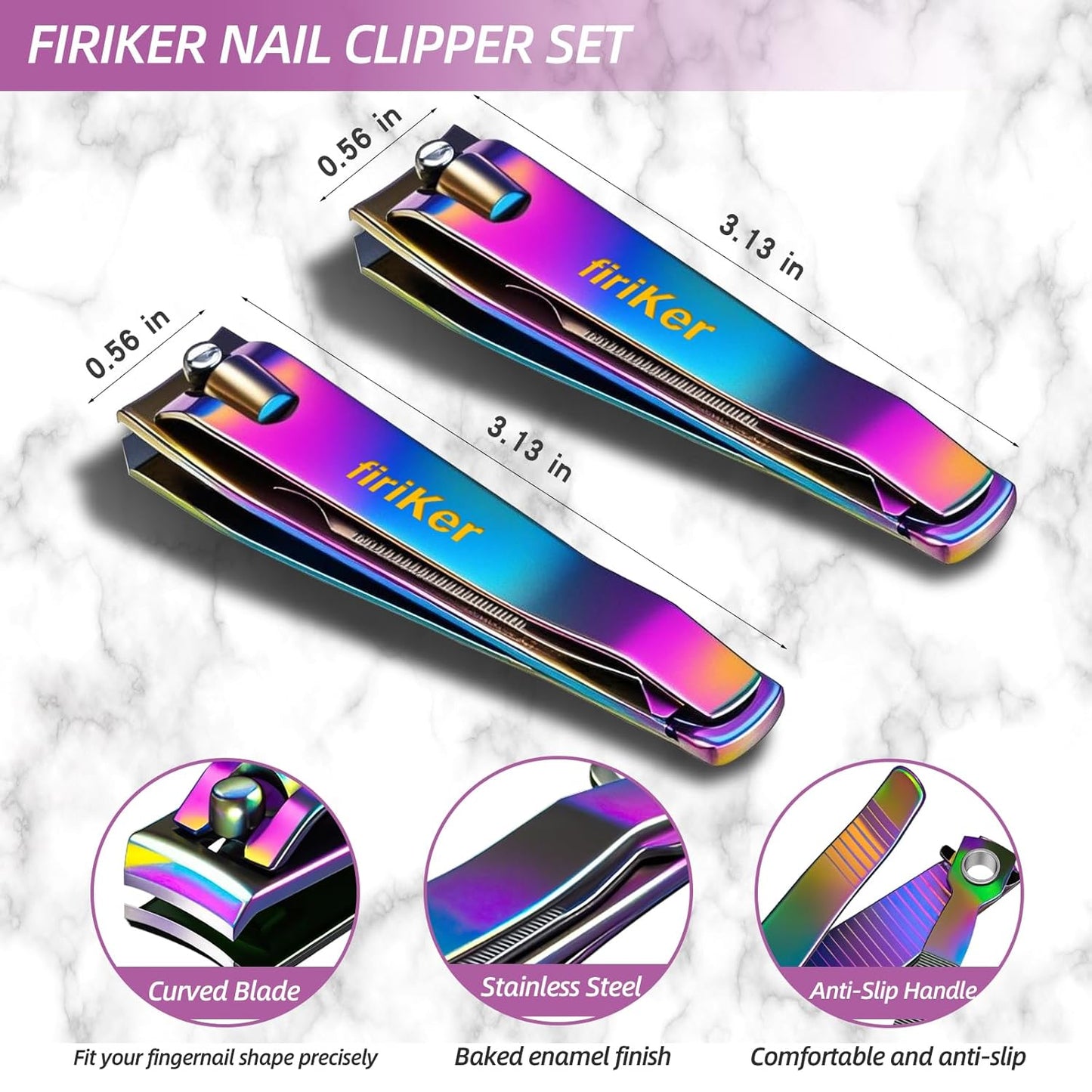 2PCS Stainless Steel Nail Clippers,Rainbow Fingernail Clipper and Toenail Clipper, Wide Easy Press Lever Nail Cutter with Swing Out Nail Cleaner/File for Men and Women