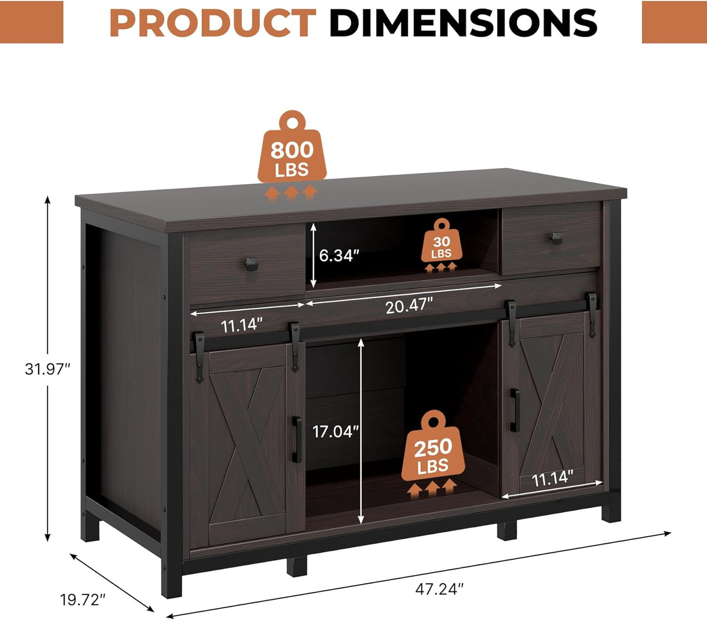 Miereirl 55-75 Gallon Fish Tank Stand with Power Outlet – Heavy Duty Aquarium Stand, Rustic Farmhouse Style, 800 lb Capacity, Adjustable Storage & Sliding Barn Doors, Dark Brown