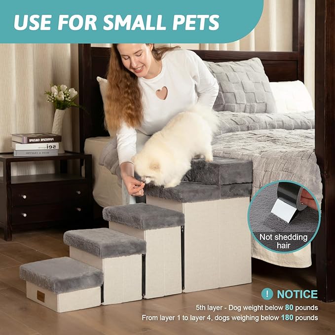 Dog Stair for Small Dogs with Storage, Foldable Pet Step with Soft Cover, Older Cat Ramp for Chair Couch Sofa, Lightweight, Durable, Comfort, 39.7x13x21.2 inch, 5 Tiers, Grey