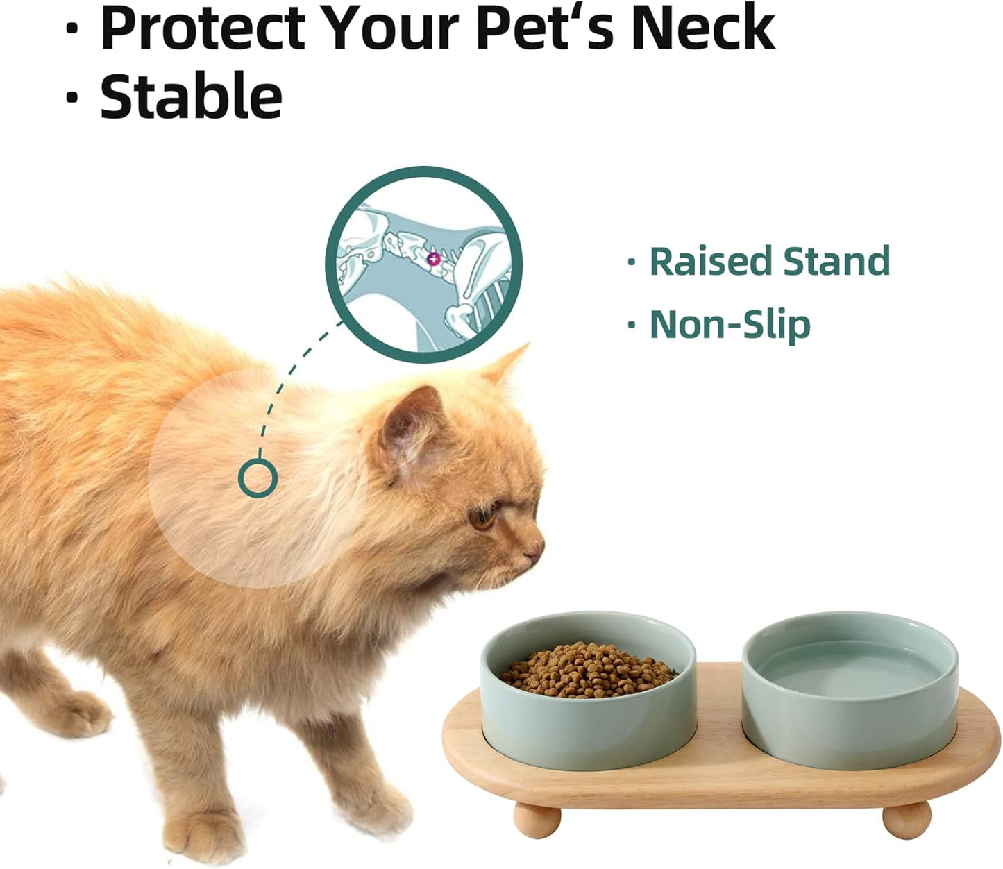 Ceramic Elevated Cat Food and Water Bowl, Kitty Bowl, Raised Cat Dish, Pet Feeder (5.1 in, 2 x Light Green + Stand)