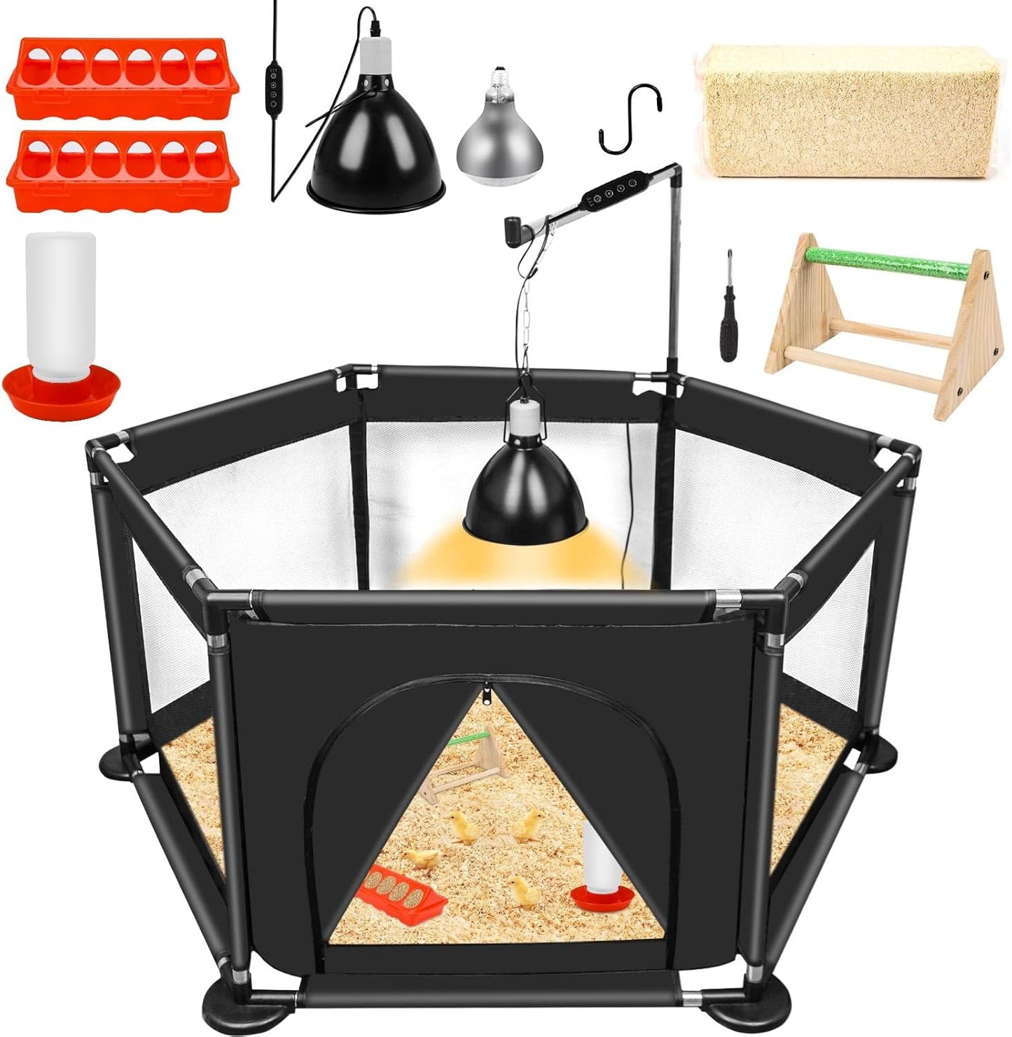 Chicks Brooder Box for Chicken Starter Kit- Includes Timing Heat Lamp Set, Detachable Chicken Brooder, Up to 15 Chicks, Sawdust, Chick Feeder and Waterer Set, Chick Perch 6-in-1 Chicken Coop Set.(B)