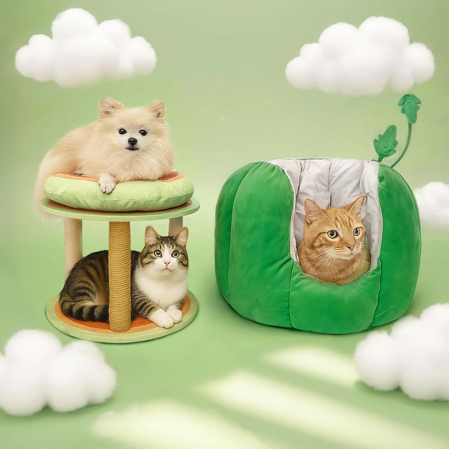 Cat Houses for Indoor Cats, Small Cat Tree with Sisal Ropes and Plush Perch, Cute Cat Bed Cave with Soft Pillow, Watermelon Design