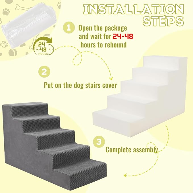 Niubya Dog Stairs for Small Dog and Cats,23”H Non-Slip Bottom Pet Steps for High Beds and Couch,High-Density Foam Pet Stairs Grey,5 Steps