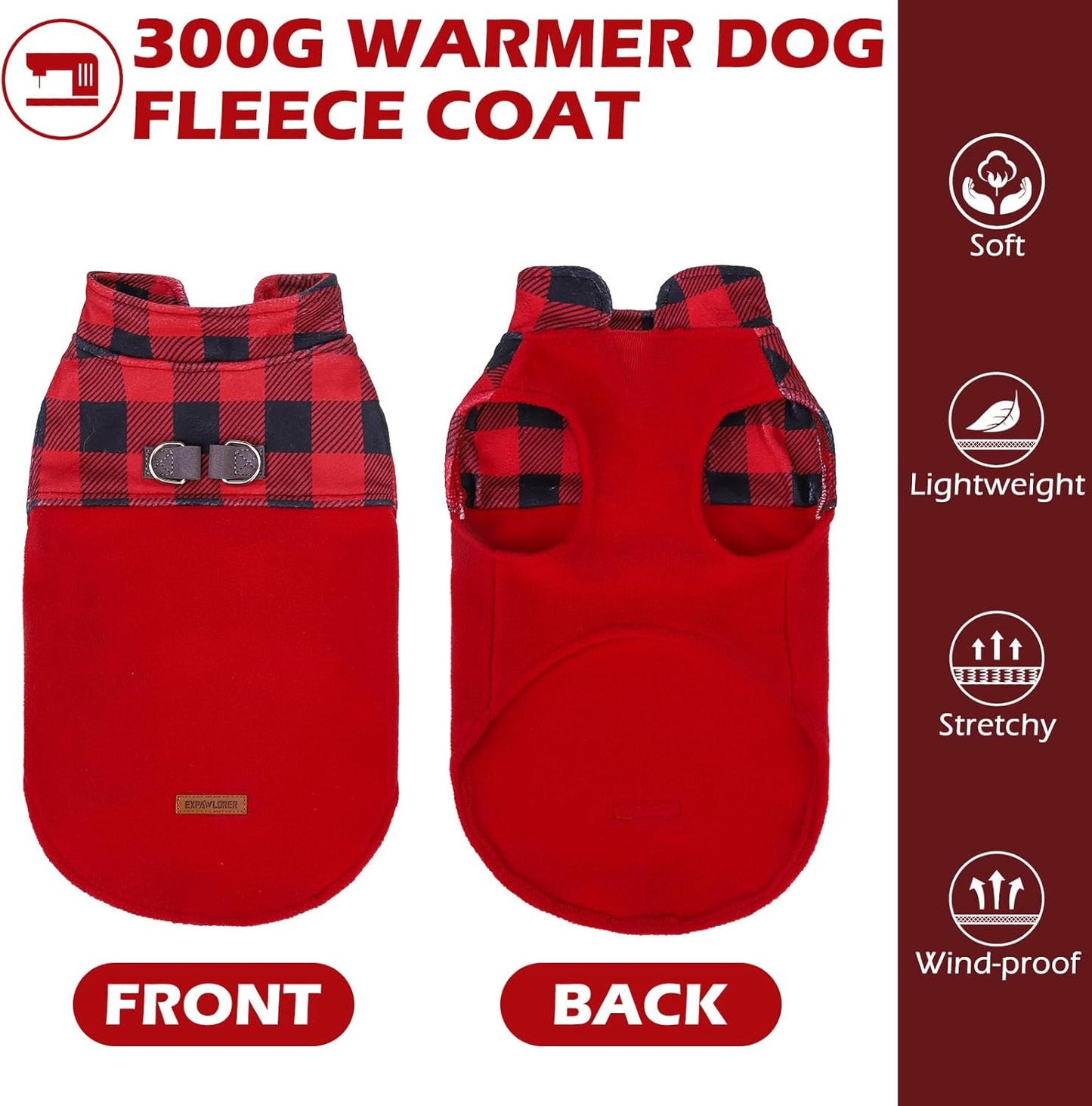 EXPAWLORER Fleece Dog Sweater - Classic Plaid Dog Jacket, Winter Coat Vest with 2 D-Rings for Leash, Pet Cold Weather Clothes, Sweatershirt for Boy or Girls