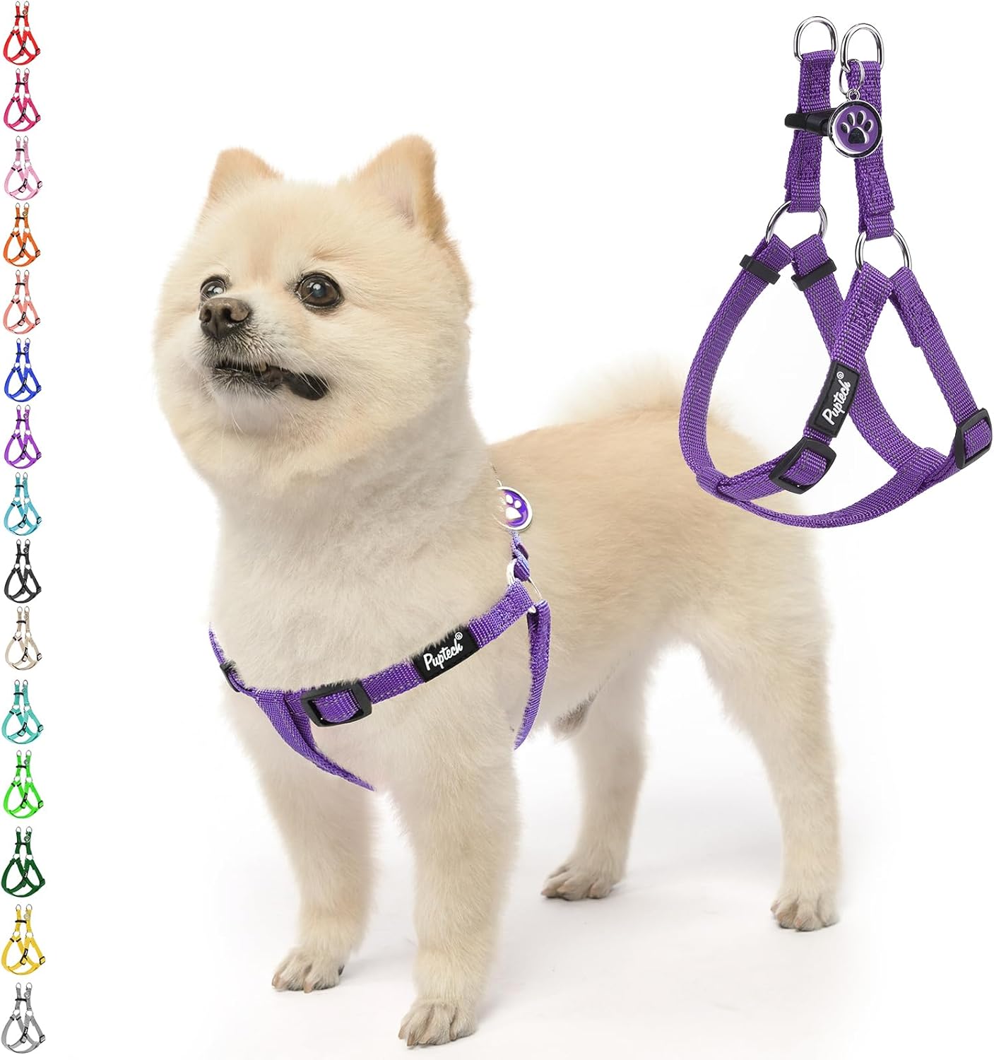 PUPTECK No Pull Dog Harness Soft Adjustable Basic Nylon Step in Puppy Vest Outdoor Walking with ID Tag, Reflecive Purple, S