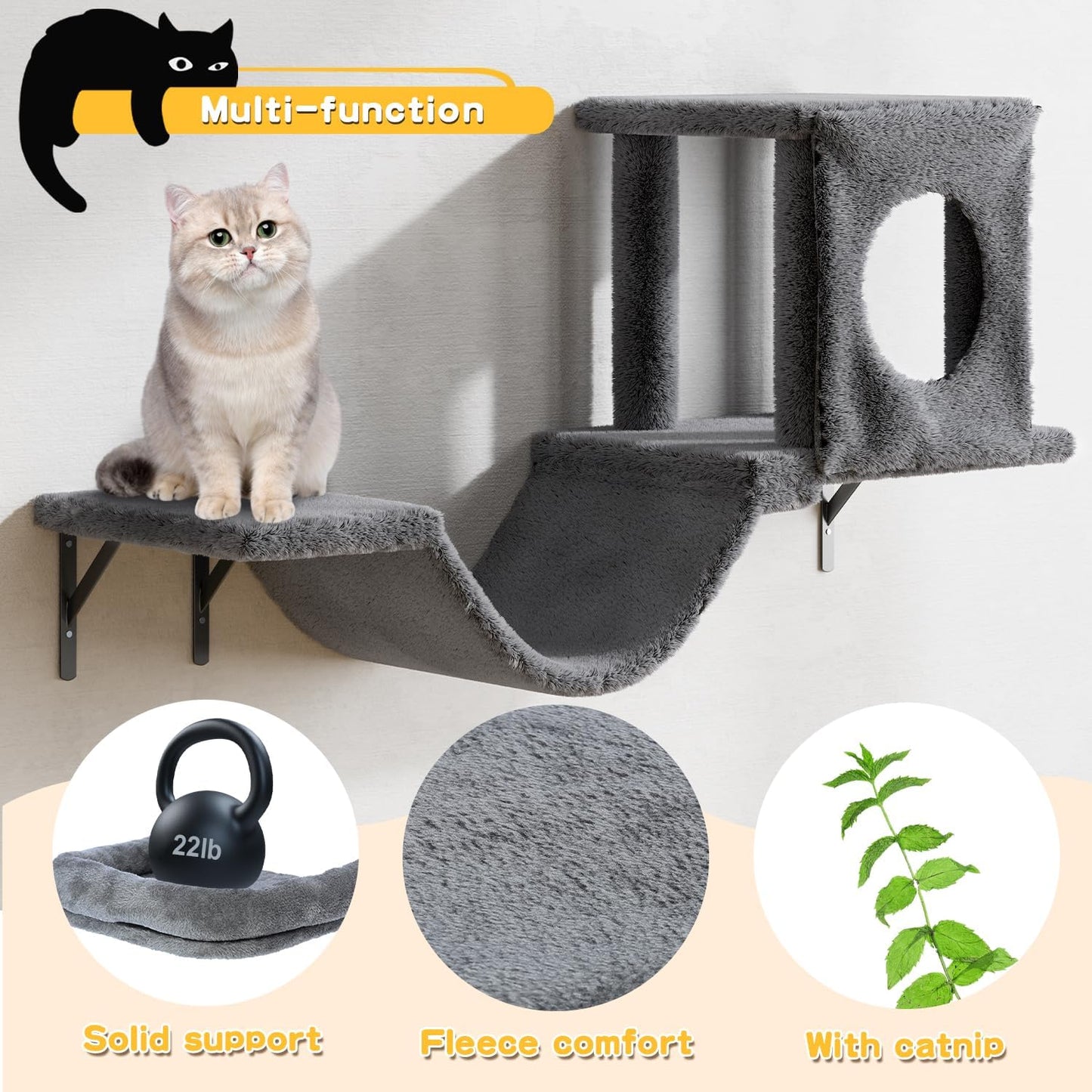 NUNU LAB Wall Mounted Cat Furniture, 6 Pcs Cat Wall Shelves with Condo House, Bridge, Steps, Scratcher, Hammock, Indoor Safe & Stable Furniture for Kittens Play, Dark Gray