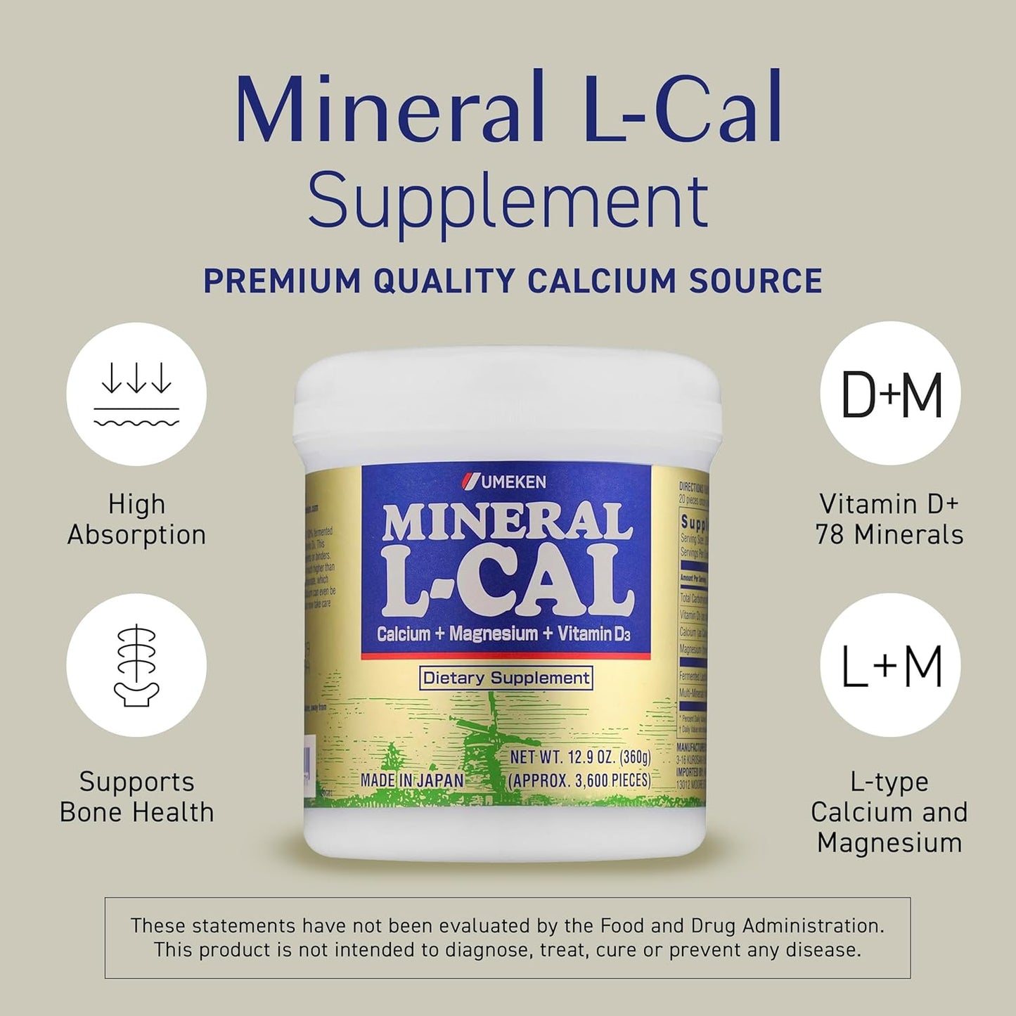 Mineral L-Cal Calcium with Vitamin D3, 12 Month Supply, Water Soluble Ball Format with Magnesium & Minerals, Fast Absorbing Calcium Magnesium D3 Supplement, 3,600 Balls per Bottle, 360g, Pack of 2